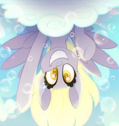 Size: 1583x1668 | Tagged: safe, artist:carouselunique, derpibooru import, derpy hooves, pegasus, pony, bubble, cloud, cute, derpabetes, februpony, female, image, jpeg, looking at you, mare, smiling, smiling at you, solo, upside down