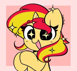 Size: 4272x3931 | Tagged: safe, artist:kittyrosie, derpibooru import, sunset shimmer, pony, unicorn, cute, eyebrows, eyebrows visible through hair, female, high res, image, mare, open mouth, open smile, pink background, png, shimmerbetes, simple background, smiling, solo, sparkles, sparkly eyes, wingding eyes
