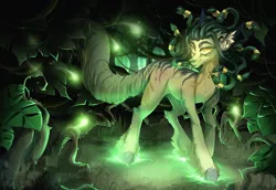 Size: 4000x2756 | Tagged: safe, artist:rico_chan, derpibooru import, oc, earth pony, firefly (insect), insect, medusa, pony, glow, glowing eyes, green, hoof fluff, image, night, png, roots, solo, swamp
