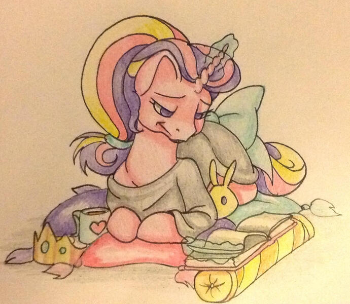 Size: 1207x1049 | Tagged: safe, artist:razledazle, derpibooru import, oc, unofficial characters only, pony, unicorn, book, clothes, glow, glowing horn, horn, image, jpeg, lying down, magic, mug, prone, reading, solo, telekinesis, traditional art, unicorn oc