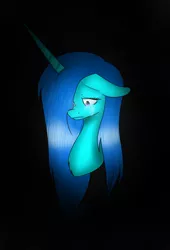 Size: 1898x2787 | Tagged: safe, artist:maneblue, derpibooru import, oc, unofficial characters only, pony, unicorn, black background, bust, female, frown, hair over one eye, horn, image, jpeg, mare, simple background, solo, unicorn oc