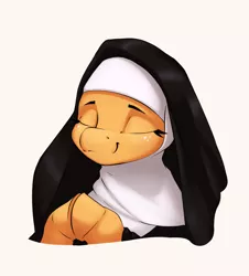 Size: 1953x2163 | Tagged: safe, artist:aquaticvibes, derpibooru import, applejack, pony, eyes closed, freckles, hooves together, image, nun, png, praying, simple background, smiling, solo