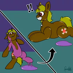 Size: 3000x3000 | Tagged: safe, artist:foxxo666, derpibooru import, oc, oc:funny bones, inflatable pony, pooltoy pony, comic, commission, exclamation point, floppy ears, forced smile, grin, high res, image, inanimate tf, inflatable, jpeg, liquid latex, lying down, pool toy, prone, shocked, smiling, standing, standing on one leg, transformation, wingding eyes