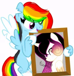 Size: 952x974 | Tagged: safe, artist:teonnakatztkgs, derpibooru import, oc, unofficial characters only, alicorn, pegasus, pony, alicorn oc, base used, colored wings, duo, ethereal mane, horn, image, jpeg, multicolored hair, pegasus oc, rainbow hair, simple background, smiling, starry mane, two toned wings, white background, wings