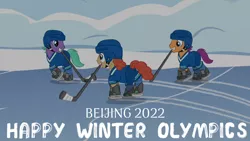 Size: 1280x720 | Tagged: safe, derpibooru import, edit, edited screencap, editor:quoterific, screencap, unnamed character, unnamed pony, earth pony, pony, season 5, tanks for the memories, beijing 2022, helmet, hockey, image, jpeg, male, mouth hold, olympic games, olympic winter games, olympics, snow, sports, stallion, winter olympic games, winter olympics, winter sport
