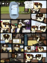 Size: 1750x2333 | Tagged: safe, artist:99999999000, derpibooru import, oc, oc:firearm king, oc:li anna, oc:mar baolin, oc:zhang cathy, unofficial characters only, earth pony, pegasus, pony, unicorn, comic:nice to meet you, airsoft, ar15, clothes, comic, female, gun, image, phone, png, rifle, tree, weapon