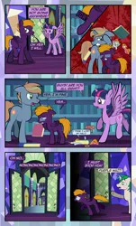 Size: 1920x3169 | Tagged: safe, artist:alexdti, derpibooru import, twilight sparkle, twilight sparkle (alicorn), oc, oc:aqua lux, oc:brainstorm (alexdti), oc:marco, oc:purple creativity, oc:warm focus, alicorn, pegasus, pony, unicorn, comic:quest for friendship, blue eyes, book, bucking, comic, dialogue, eyes closed, female, floppy ears, folded wings, glasses, green eyes, gritted teeth, halo, high res, hooves, horn, image, jpeg, looking at someone, looking back, male, mare, multicolored mane, multicolored tail, one eye closed, onomatopoeia, open mouth, open smile, pegasus oc, purple eyes, raised hoof, raised leg, running, shadow, shrunken pupils, smiling, speech bubble, spread wings, stallion, standing, tail, two toned mane, two toned tail, underhoof, unicorn oc, wall of tags, wings