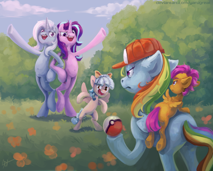 Size: 3500x2800 | Tagged: safe, artist:yarugreat, derpibooru import, cozy glow, rainbow dash, scootaloo, starlight glimmer, trixie, pegasus, pony, unicorn, bipedal, cap, female, filly, flower, foal, hat, image, looking at each other, looking at someone, mare, multicolored hair, open mouth, png, pokéball, pokémon, rainbow hair, rainbow tail, spread wings, tail, team rocket, unamused, wings