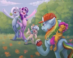 Size: 3500x2800 | Tagged: safe, artist:yarugreat, derpibooru import, cozy glow, rainbow dash, scootaloo, starlight glimmer, trixie, pegasus, pony, unicorn, bipedal, cap, female, filly, flower, foal, hat, image, looking at each other, looking at someone, mare, multicolored hair, open mouth, png, pokéball, pokémon, rainbow hair, rainbow tail, spread wings, tail, team rocket, unamused, wings