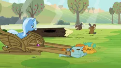 Size: 1280x720 | Tagged: safe, derpibooru import, screencap, snails, snips, trixie, beaver, pony, unicorn, magic duel, alicorn amulet, apple, apple tree, female, food, image, jpeg, mare, tree