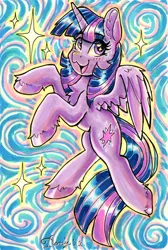 Size: 1806x2684 | Tagged: safe, artist:dandy, derpibooru import, twilight sparkle, twilight sparkle (alicorn), alicorn, pony, :3, abstract background, chest fluff, cute, ear fluff, female, horn, image, looking at you, marker drawing, open mouth, png, solo, traditional art, twiabetes, unshorn fetlocks, wings