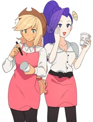 Size: 3016x3952 | Tagged: safe, artist:4phr0sd3l0s, derpibooru import, applejack, rarity, equestria girls, alternate hairstyle, applejack's hat, apron, barista, blushing, breasts, cleavage, clothes, cowboy hat, cup, female, freckles, hat, image, jpeg, lesbian, ponytail, rarijack, shipping, simple background, stetson, white background