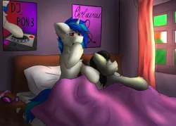 Size: 6623x4752 | Tagged: safe, artist:flapstune, derpibooru import, octavia melody, vinyl scratch, earth pony, pony, unicorn, bed, chest fluff, ear fluff, female, glasses, horn, image, lesbian, male, morning ponies, octavius, pillow, png, poster, record scrape, rule 63, scratchtavia, shipping, signature, stallion, window, wrong eye color, yawn