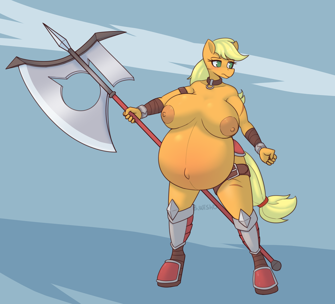 Size: 2190x1986 | Tagged: questionable, artist:puetsua, derpibooru import, applejack, anthro, earth pony, unguligrade anthro, abdominal bulge, areola, armor, axe, barbarian, barbarianjack, battle axe, belly, belly blush, belly button, big areola, big belly, big breasts, breasts, busty applejack, clothes, collar, female, huge belly, huge breasts, image, nipples, nudity, outie belly button, partial nudity, png, preggo jack, pregnant, solo, solo female, topless, weapon