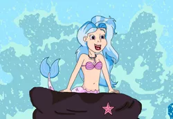 Size: 1653x1137 | Tagged: safe, artist:ocean lover, derpibooru import, silverstream, human, mermaid, starfish, belly button, bra, clothes, cute, diastreamies, disney, disney style, fish tail, humanized, image, jewelry, mermaid tail, mermaidized, necklace, ocean, open mouth, pearl necklace, png, reference, rock, seashell bra, singing, species swap, splashing, tail, the little mermaid, underwear, water, wave