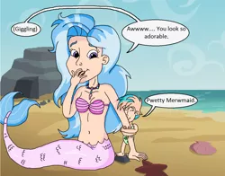 Size: 1238x970 | Tagged: safe, artist:ocean lover, derpibooru import, coral currents, silverstream, human, mermaid, starfish, baby, beach, belly button, bra, clothes, covering mouth, cute, disney style, eyes closed, fish tail, giggling, hug, humanized, image, jewelry, mermaid tail, mermaidized, necklace, ocean, pearl necklace, png, rock, sand, seashell, seashell bra, simple background, smiling, species swap, tail, text, underwear, water, wave, word bubble