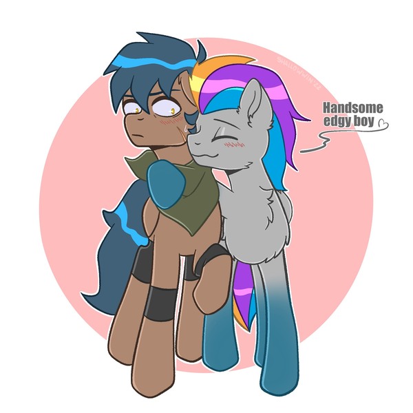 Size: 2048x2048 | Tagged: safe, artist:shallow win, derpibooru import, oc, oc:pixel codec, oc:shallow win, unofficial characters only, pegasus, pony, blushing, chest fluff, dialogue, gay, gradient hooves, image, jpeg, male, nervous, nuzzling, oc x oc, shipping, stallion