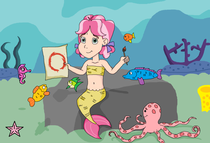 Size: 1648x1120 | Tagged: safe, artist:ocean lover, derpibooru import, kettle corn, fish, human, mermaid, octopus, seahorse, starfish, amazed, background, bandeau, belly button, circle, cute, disney style, fish tail, humanized, image, kelp, kettlebetes, looking at you, mermaid tail, mermaidized, midriff, paint, paintbrush, painting, paper, png, ribbon, sitting, species swap, tail, underwater