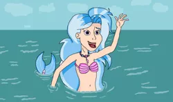 Size: 1396x826 | Tagged: safe, artist:ocean lover, derpibooru import, silverstream, human, mermaid, belly button, bra, clothes, disney, disney style, goodbye, humanized, image, jewelry, lips, mermaidized, midriff, necklace, ocean, open mouth, pearl necklace, png, purple eyes, reference, seashell bra, species swap, the little mermaid, underwear, water, wave, waving