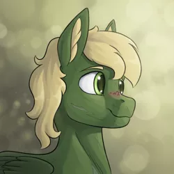 Size: 2000x2000 | Tagged: safe, artist:stardustspix, derpibooru import, oc, oc:murky, unofficial characters only, pegasus, pony, fallout equestria, fallout equestria: murky number seven, abstract background, bust, ear fluff, fanfic art, image, looking to side, png, scar, smiling, solo, wings
