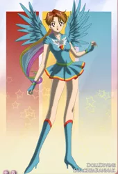 Size: 455x668 | Tagged: safe, artist:lannamisho, derpibooru import, rainbow dash, human, 2012, anime, boots, clothes, high heel boots, image, miniskirt, png, sailor moon, sailor rainbow dash, sailor scout, shoes, skirt, solo, wings