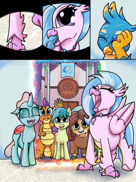 Size: 768x1024 | Tagged: questionable, artist:mrleft, derpibooru import, gallus, ocellus, rarity, sandbar, silverstream, smolder, yona, changeling, dragon, gryphon, hippogriff, pony, unicorn, yak, series:school snacks, digestion, dragoness, female, galluspred, image, male, png, smolderpred, stallion, story in the source, vore