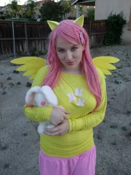 Size: 2121x2828 | Tagged: photographer needed, safe, artist:meahowcosplay, derpibooru import, fluttershy, human, rabbit, animal, clothes, cosplay, costume, cutie mark, cutie mark on clothes, high res, image, irl, irl human, irl photo, jpeg, photo, plushie