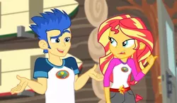 Size: 1128x653 | Tagged: safe, derpibooru import, flash sentry, sunset shimmer, equestria girls, legend of everfree, legend of everfree - bloopers, blooper, dreamworks face, duo, female, frown, image, jpeg, looking at each other, looking at someone, male, open mouth, open smile, pointing, shrug, smiling, spoilers for another series