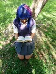 Size: 1536x2048 | Tagged: photographer needed, safe, artist:kirisosha, derpibooru import, twilight sparkle, human, book, clothes, cosplay, costume, glasses, image, irl, irl human, irl photo, jpeg, photo, reading