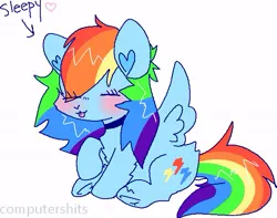 Size: 633x499 | Tagged: safe, artist:computershits, derpibooru import, rainbow dash, pegasus, alternate cutie mark, arrow, blushing, choker, eyes closed, female, image, jpeg, raised hoof, simple background, sitting, sleepy, solo, spread wings, text, watermark, white background, wings