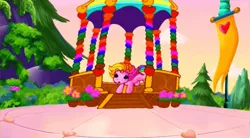 Size: 753x416 | Tagged: safe, derpibooru import, screencap, rarity (g3), pony, unicorn, :o, cute, faic, female, flag, flower, g3, g3 raribetes, galloping, greetings from unicornia, horn, image, mare, o, o mouth, open mouth, outdoors, png, singing, small horn, solo, song, unicornia, wish you were here (song)