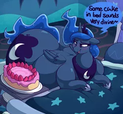Size: 4000x3714 | Tagged: suggestive, artist:graphenescloset, derpibooru import, princess luna, alicorn, pony, series:luna's blubbering, bed, blushing, butt, cake, crown, dialogue, ethereal mane, fat, female, food, hoof shoes, huge butt, image, impossibly large butt, incentive drive, jewelry, large butt, mare, moonbutt, morbidly obese, obese, png, princess moonpig, regalia, solo, starry mane, starry tail, tail, the ass was fat, weight gain, weight gain sequence