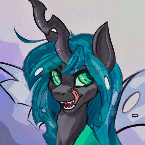 Size: 1517x1514 | Tagged: safe, artist:kapusta123, derpibooru import, queen chrysalis, pony, bust, image, jpeg, looking back, portrait, tongue out, wings