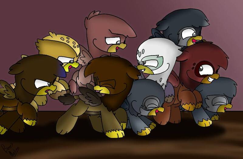 Size: 1071x700 | Tagged: safe, artist:beesmeliss, derpibooru import, gabby, grizzle, oc, oc:gally, oc:geem, oc:gilon, oc:goom, oc:gracie, oc:graff, oc:gweni, gryphon, chickub, image, jpeg, younger