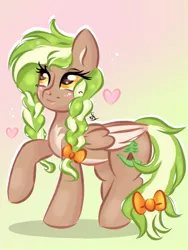 Size: 768x1024 | Tagged: safe, artist:cstrawberrymilk, derpibooru import, oc, oc:sylvia evergreen, unofficial characters only, pegasus, pony, art trade, blushing, braided pigtails, female, freckles, hair tie, heart, image, jpeg, pegasus oc, solo, wings