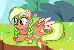 Size: 1610x1080 | Tagged: safe, artist:cstrawberrymilk, derpibooru import, oc, oc:sylvia evergree, oc:sylvia evergreen, unofficial characters only, insect, ladybug, pegasus, pony, blushing, braided pigtails, female, flower, flower in hair, freckles, hair tie, heart, image, jpeg, lying down, pegasus oc, solo, wings