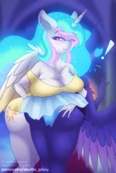 Size: 800x1200 | Tagged: suggestive, artist:shad0w-galaxy, derpibooru import, princess celestia, princess luna, anthro, big breasts, blue underwear, blushing, breasts, butt, butt grab, butt touch, clothes, ethereal mane, female, folded wings, glowing mane, grope, huge breasts, image, looking at you, moonbutt, patreon, png, shirt, siblings, sisters, skirt, smiling, smug, spread wings, starry mane, sunbutt, surprised, thighs, thunder thighs, underwear, wings