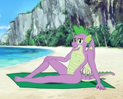 Size: 1343x1080 | Tagged: suggestive, artist:ledorean, derpibooru import, spike, anthro, dragon, plantigrade anthro, beach, image, male, nudity, older, older spike, png, solo, solo male, stupid sexy spike, teenage spike, teenaged dragon, teenager, towel, winged spike, wings