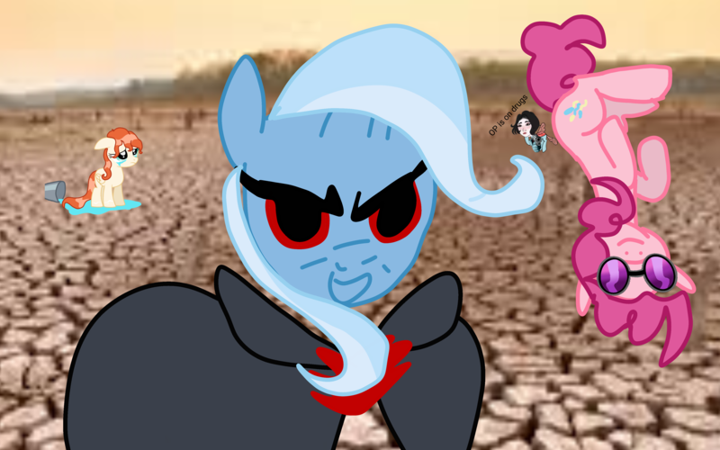 Size: 4000x2500 | Tagged: safe, derpibooru import, ocellus, pinkie pie, trixie, oc, changedling, changeling, earth pony, pegasus, pony, unicorn, 1000 hours in ms paint, blushing, bucket of water, cloak, clothes, crying, cute, desert, diapinkes, disembodied head, dj glasses, doomer girl, female, filly, floppy ears, foal, folded wings, glasses, gun, handgun, image, in which pinkie pie forgets how to gravity, looking at you, mare, op is on drugs, pegasus oc, pinkie being pinkie, pinkie physics, png, text, water, weapon, wings, wtf
