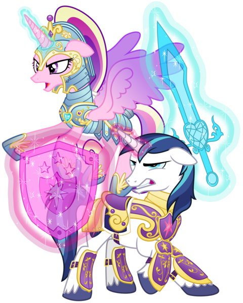 Size: 3200x4000 | Tagged: safe, artist:cheezedoodle96, derpibooru import, princess cadance, shining armor, alicorn, pony, unicorn, .svg available, absurd resolution, angry, armor, battle stance, combat, duo, female, fighting stance, flying, glow, glowing horn, gritted teeth, horn, husband and wife, image, magic, magic aura, male, mare, married couple, png, royal guard armor, shield, simple background, spread wings, stallion, sword, transparent background, vector, war face, weapon, wings