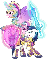 Size: 3200x4000 | Tagged: safe, artist:cheezedoodle96, derpibooru import, princess cadance, shining armor, alicorn, pony, unicorn, .svg available, absurd resolution, angry, armor, battle stance, combat, duo, female, fighting stance, flying, glow, glowing horn, gritted teeth, horn, husband and wife, image, magic, magic aura, male, mare, married couple, png, royal guard armor, shield, simple background, spread wings, stallion, sword, transparent background, vector, war face, weapon, wings