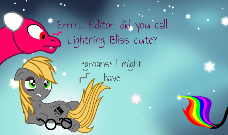 Size: 1024x606 | Tagged: safe, artist:lawleyj77, derpibooru import, oc, oc:lightning bliss, oc:the editor, berserk button, black eye, dialogue, glasses, image, not derpy, ouch, png