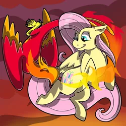 Size: 3000x3000 | Tagged: safe, artist:wulfums, derpibooru import, fluttershy, philomena, pegasus, phoenix, pony, abstract background, cute, duo, februpony, fire, flying, image, png, shyabetes, smiling, wings