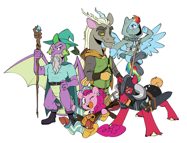 Size: 5201x3967 | Tagged: safe, artist:chub-wub, derpibooru import, big macintosh, discord, pinkie pie, rainbow dash, spike, draconequus, dragon, earth pony, pegasus, pony, unicorn, armor, arrow, bard pie, beard, bow, bow (weapon), captain wuzz, dragon wings, dungeons and dragons, facial hair, female, flying, garbuncle, hat, helmet, high res, hood, image, jpeg, looking at you, male, mare, musical instrument, ogres and oubliettes, one eye closed, open mouth, pen and paper rpg, quiver, race swap, rainbow rogue, rpg, simple background, sir mcbiggen, spread wings, staff, stallion, sword, unicorn big mac, wall of tags, weapon, white background, wings, wizard hat