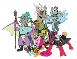 Size: 5201x3967 | Tagged: safe, artist:chub-wub, derpibooru import, big macintosh, discord, pinkie pie, rainbow dash, spike, draconequus, dragon, earth pony, pegasus, pony, unicorn, armor, arrow, bard pie, beard, bow, bow (weapon), captain wuzz, dragon wings, dungeons and dragons, facial hair, female, flying, garbuncle, hat, helmet, high res, hood, image, jpeg, looking at you, male, mare, musical instrument, ogres and oubliettes, one eye closed, open mouth, pen and paper rpg, quiver, race swap, rainbow rogue, rpg, simple background, sir mcbiggen, spread wings, staff, stallion, sword, unicorn big mac, wall of tags, weapon, white background, wings, wizard hat