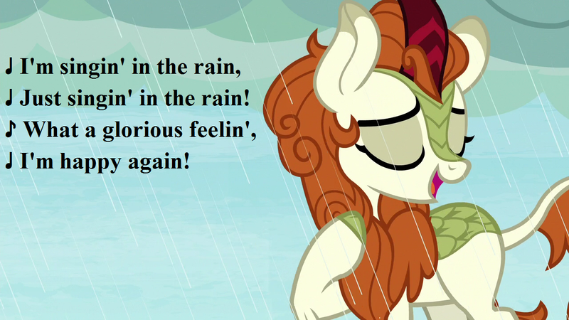 Size: 1280x720 | Tagged: safe, derpibooru import, edit, edited screencap, screencap, autumn blaze, kirin, sounds of silence, awwtumn blaze, cute, eyes closed, gene kelly, image, lyrics, png, rain, singing in the rain, song reference, text