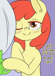 Size: 1066x1491 | Tagged: safe, artist:happy harvey, derpibooru import, apple bloom, oc, oc:anon, ponified, earth pony, pony, adorabloom, bed, blanket, blushing, cute, drawn on phone, drawthread, ear fluff, female, filly, foal, holding hands, holding hooves, image, looking at you, lying down, offscreen character, one eye closed, pillow, png, pov, side