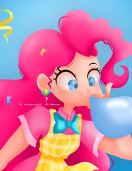 Size: 4277x5500 | Tagged: safe, artist:wenraz, derpibooru import, pinkie pie, human, absurd resolution, apron, balloon, blue background, bowtie, clothes, cute, diapinkes, ear piercing, earring, female, humanized, image, jewelry, piercing, png, shirt, simple background, skirt, solo, t-shirt