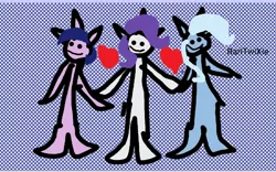 Size: 4000x2500 | Tagged: safe, artist:naturajellyfish, derpibooru import, rarity, trixie, twilight sparkle, anthro, unguligrade anthro, unicorn, 1000 hours in ms paint, abstract background, female, heart, high res, holding hands, image, lesbian, looking at you, png, polyamory, quality, shipping, smiling, smiling at you, text, trio, trio female, twixity, wat
