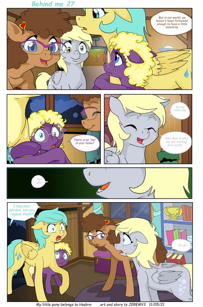 Size: 1536x2322 | Tagged: safe, artist:jeremy3, derpibooru import, derpy hooves, sunshower raindrops, oc, oc:trissie, oc:valentine, earth pony, pegasus, pony, comic:behind me, alternate universe, book, bookshelf, comic, image, jpeg, lamp, trophy